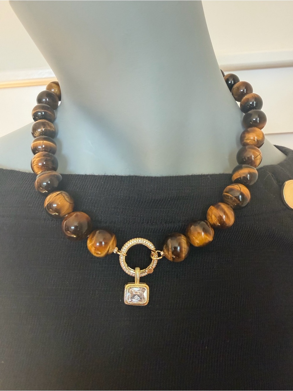 Adina Eden Tiger Eye Natural Stone Ball Chain Necklace with Gold and CZ Pendant